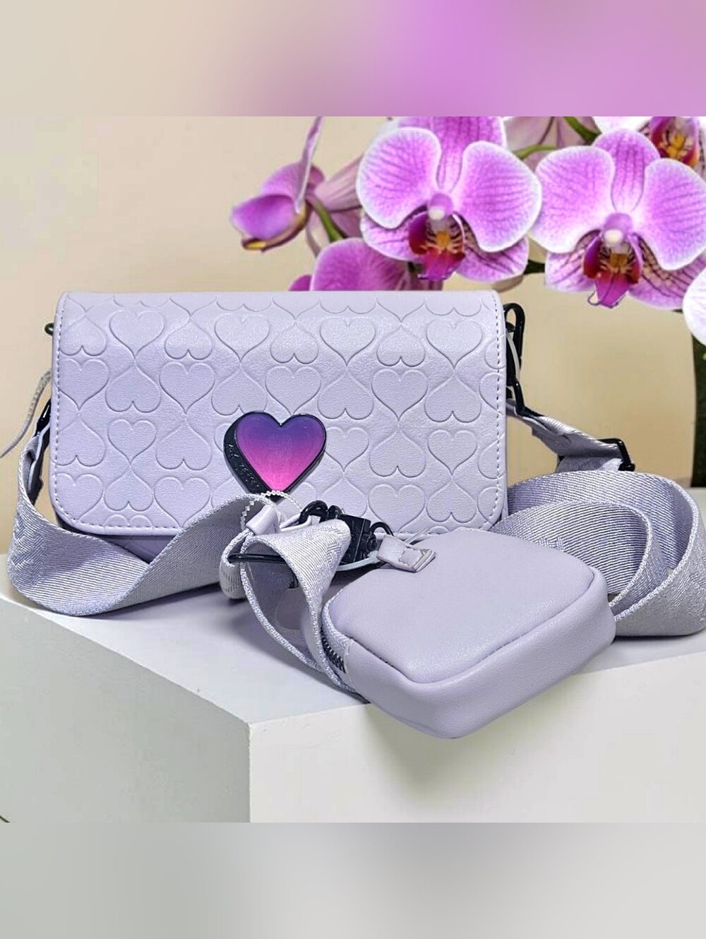 Betsey Johnson Heart Quilted Lavender Crossbody bag with Detachable Pouch
